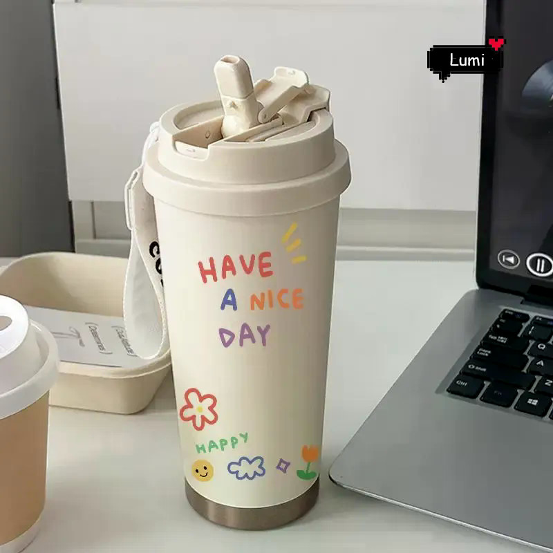 Motif Huruf tulisan Happy Day Tumbler Termos 500ml Large Capacity Coffee Mug,High-End, Portable, Off