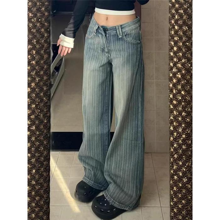 LULU Jeans Premium High waist Biru Kain bergaris vertikal fashion baggy jeans wanita - Premium Biru 