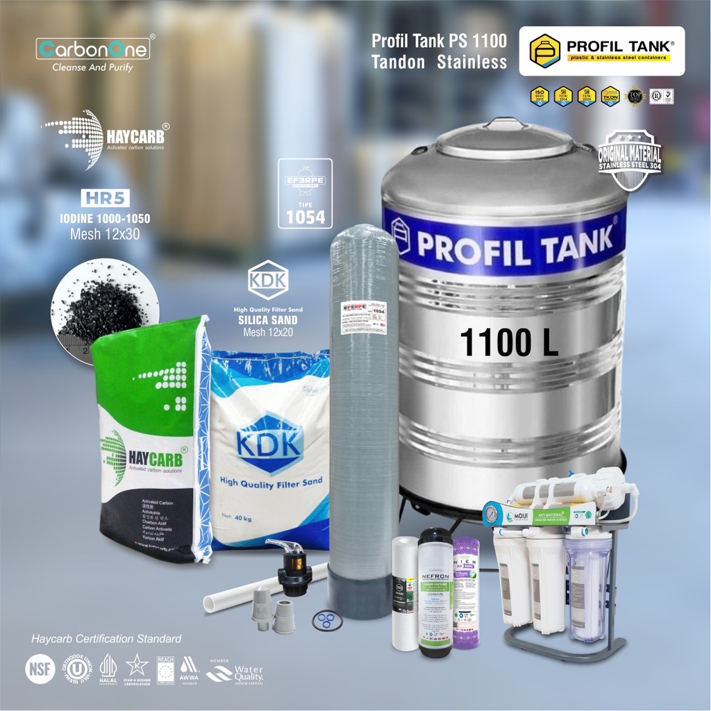 Paket Filter Air Siap Minum Tandon Stainless 1100 Tabung FRP 1054 Mesin RO Haycarb 12x30