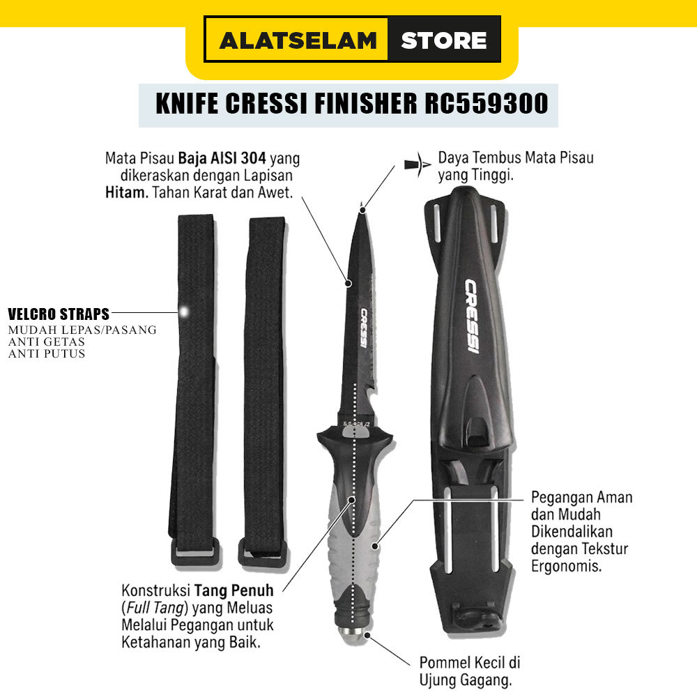 Knife Cressi Finisher RC559300 ANTI KARAT / Pisau Selam / Pisau Air / Pisau Selam Scuba Diving / Und