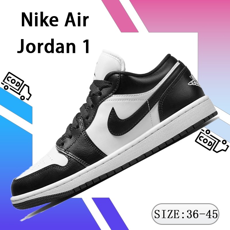 Air Jordan 1 Retro Low Sepatu Basket, desain unisex warna panda hitam putih, sneakers trendi untuk o