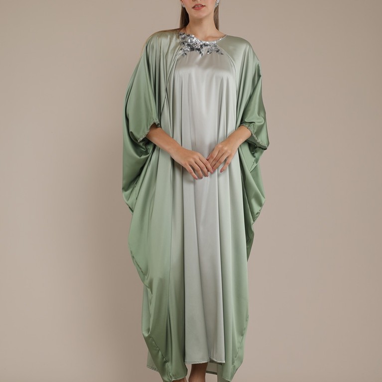 Personal Style Kaftan Maxi Dress Satin Wanita Butterfly Ombre Green Gradasi