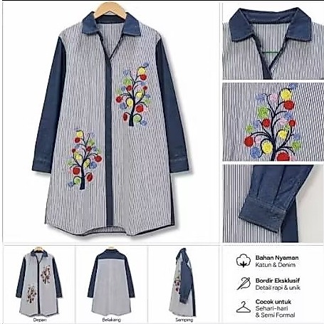 Tunik Wanita Denim Kombinasi Salur Bordir Bunga Kekinian