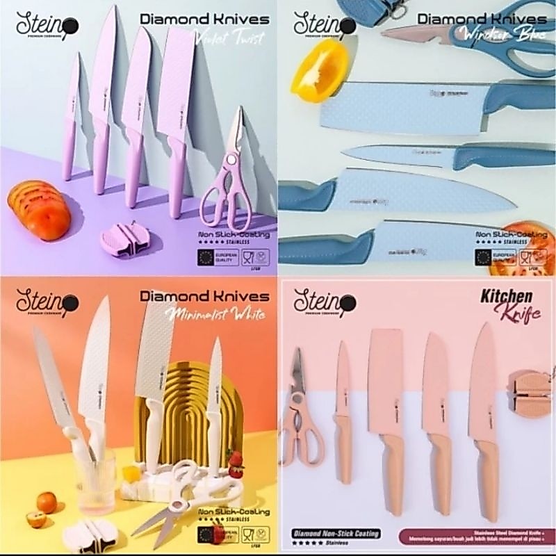 Stein Steincookware Pisau Diamond amour Knife Set 5 + Knife Sharpener Pisau Dapur  Stein Diamond Kni
