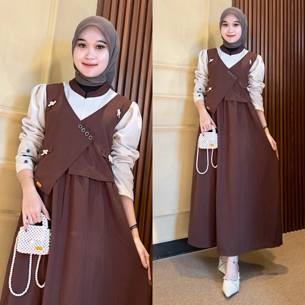 Gamis Muslimah Modern Wanita Kekinian Dress Panjang Premium Kombinasi Rompi Outer Elegan Jumbo S M L