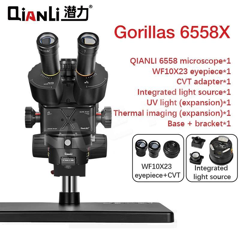 Mikroskop Trinokular Qianli 6558 Gorilla 6.5X-58X Zoom, Mikroskop Elektron Industri untuk Perbaikan 
