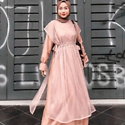 long vest kerut, vest tille polkadot, vest panjang kerut,rompi tali samping.