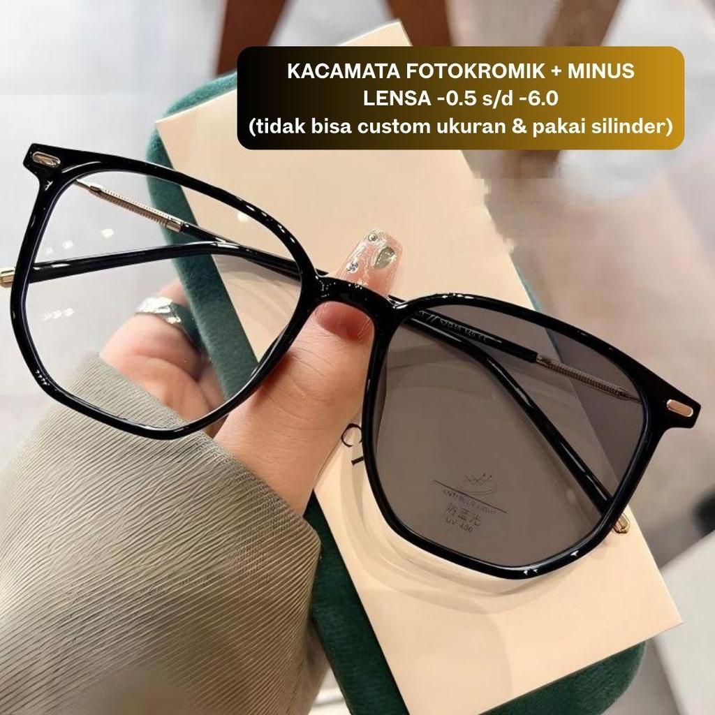 Kacamata Gaya 2 Fungsi Lensa Fotokromik + Minus -0.5 s/d -6.0 Tanapa Silinder Model Korea Anti Sinar