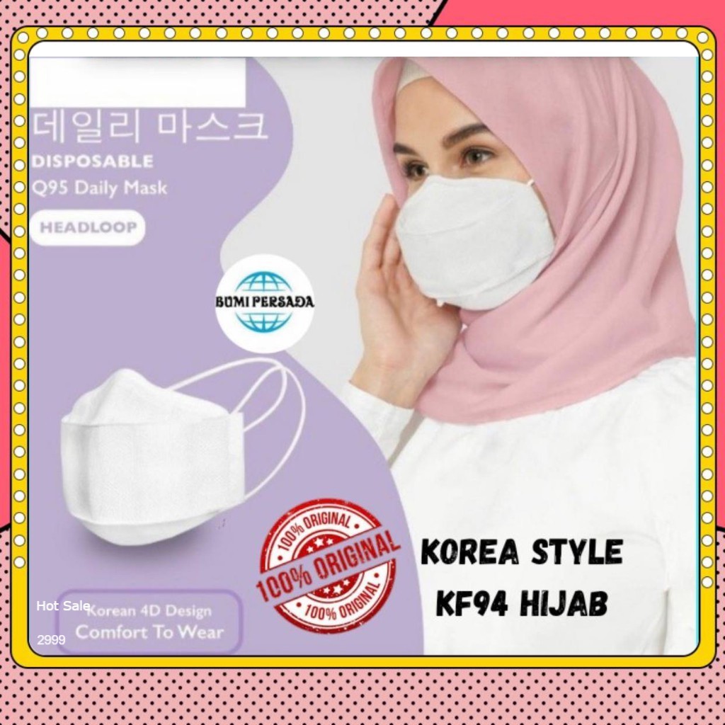 MASKER KF94 HIJAB HITAM PUTIH / MASKER MEDIS KOREA FACE MASK ECERAN