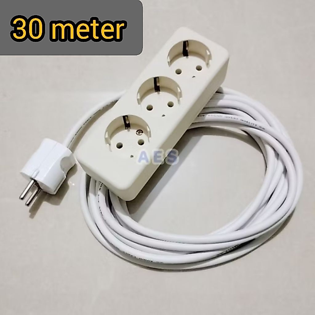 Cok Sambung Rakitan Uticon 3 Lubang + Kabel Putih 30 meter + Steker Bulat