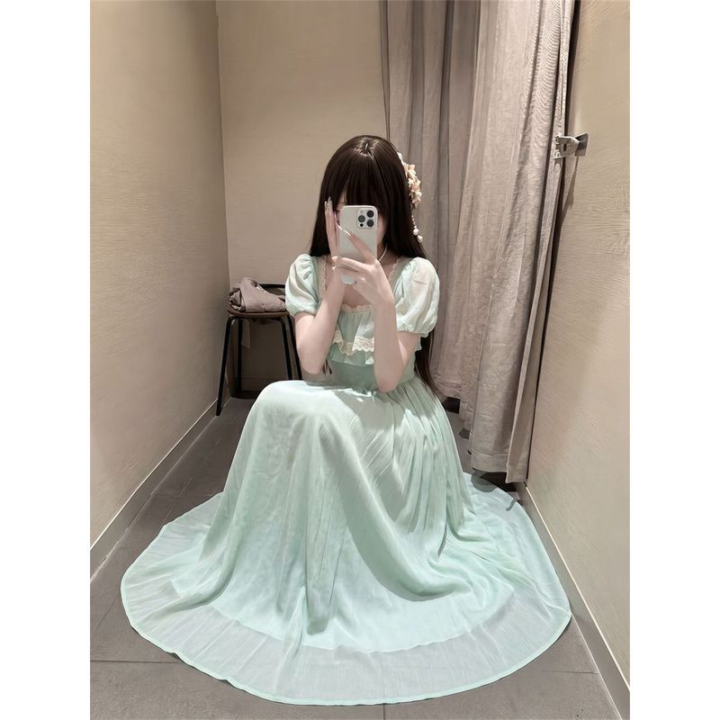 [Warna Wanita][COD] Gaun Renda Hijau Mint Pinggang Ramping Gaun Panjang Elegan Rok Hijau Mint