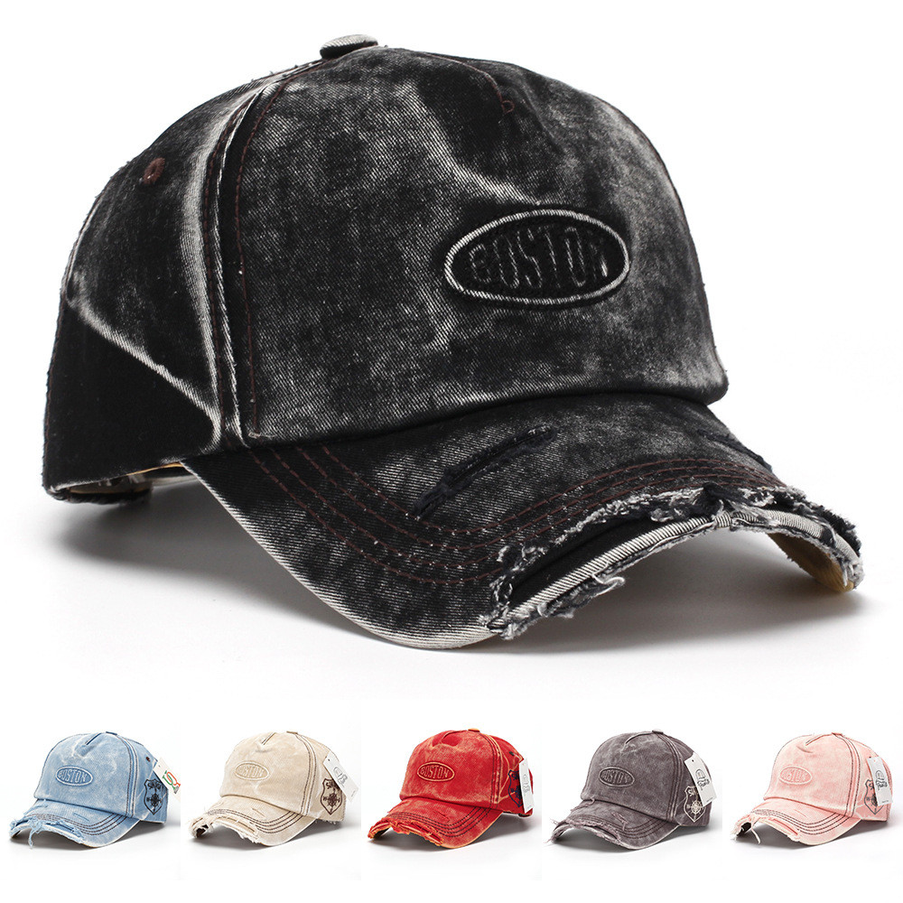 Topi baseball denim vintage baru dengan efek sobek-sobek, uniseks dan modis.