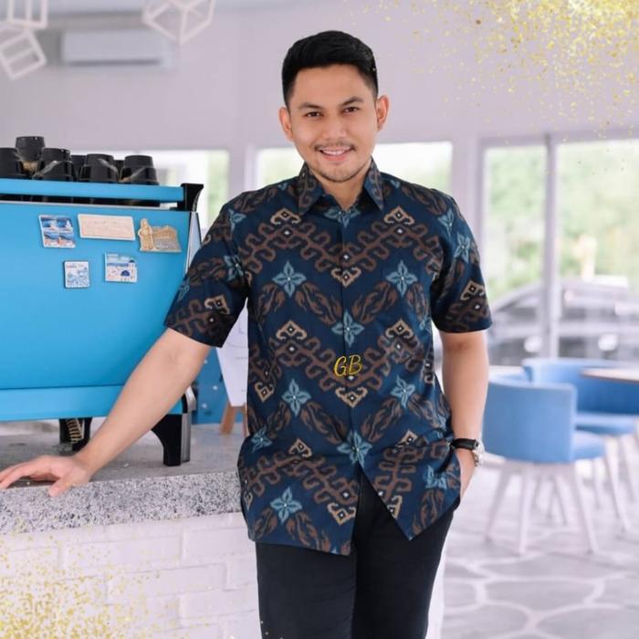 Baju Batik Pria Pendek Katun Furing Songket Modern Kantor Jumbo XXXXL - Navy, XXXL