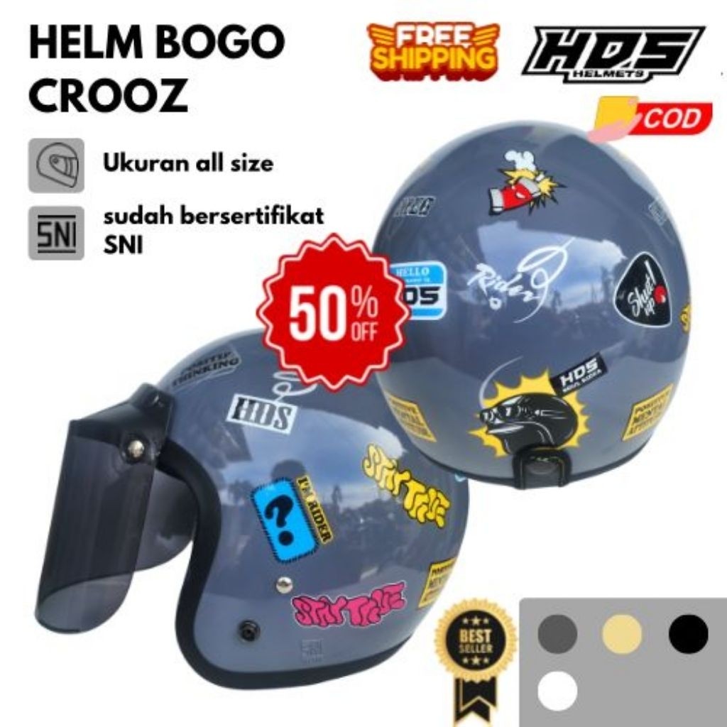 Helm Bogo Dewasa Retro Crooz Classic Half Face HDS Helmet Motorcycle SNI Pria Wanita Cepol Hijab