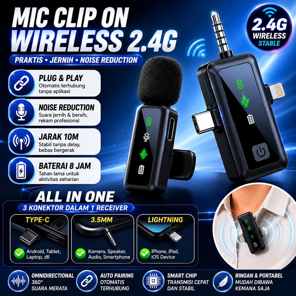 Mic Clip On Wireless 2.4G Multi Plug Type C Lightning 3.5mm Vlog Interview Noise Reduction Omnidirec