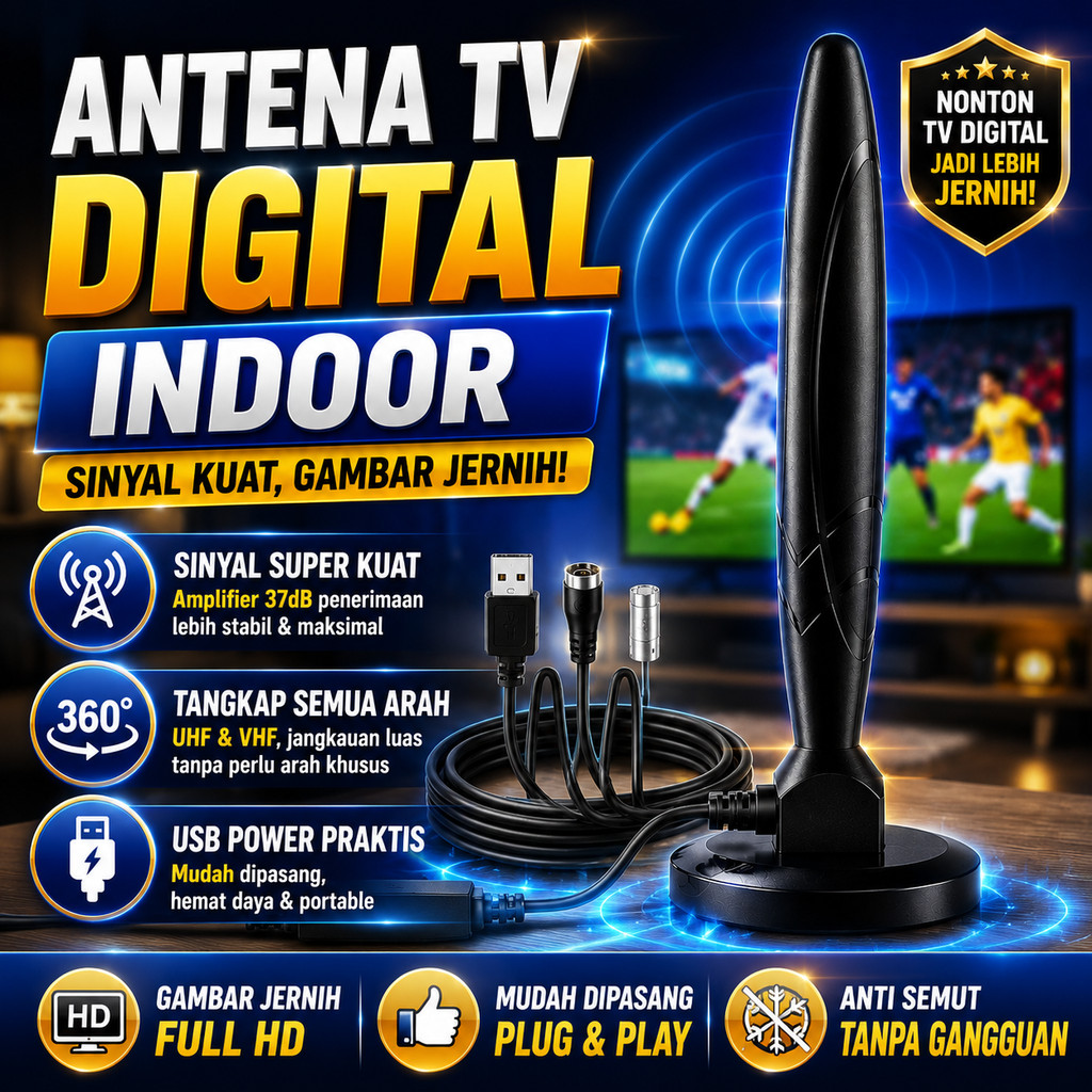 Antena TV Digital Indoor 37dB Amplifier Untuk TV Rumah Kos Apartemen Tangkap UHF VHF Semua Arah Siny