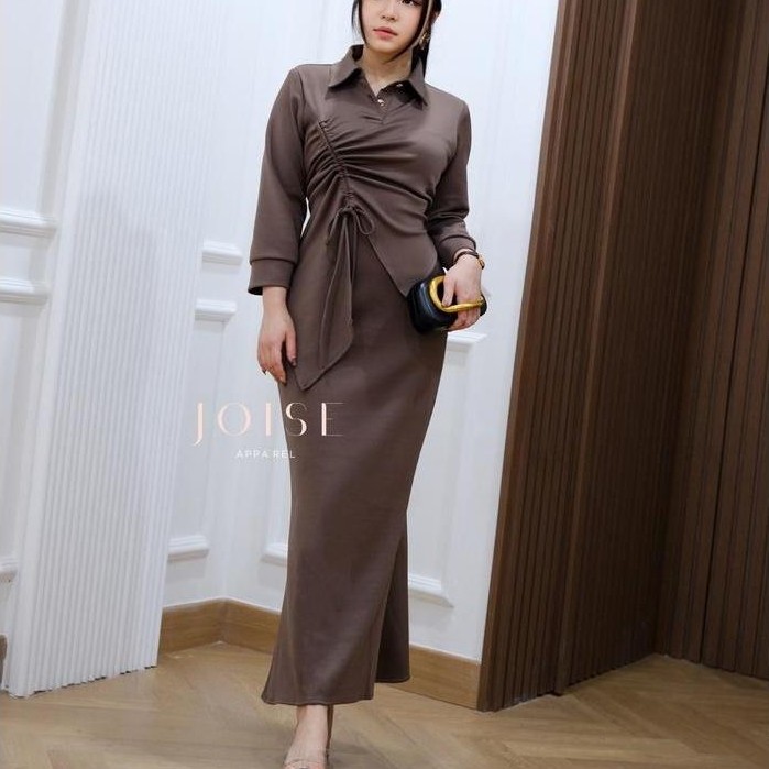 Joise - Lara Asymmetric Long Dress / Dress Tali Serut Panjang Kancing Maxi Casual Polos Stretch