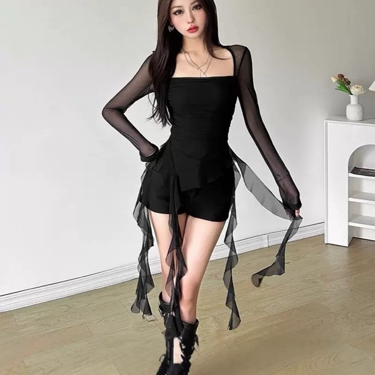 Atasan Rajut / baju rajut (Girl Fairy) Leaf Square Leher Kurus Lengan Panjang Shirt Wanita Pure Sexy