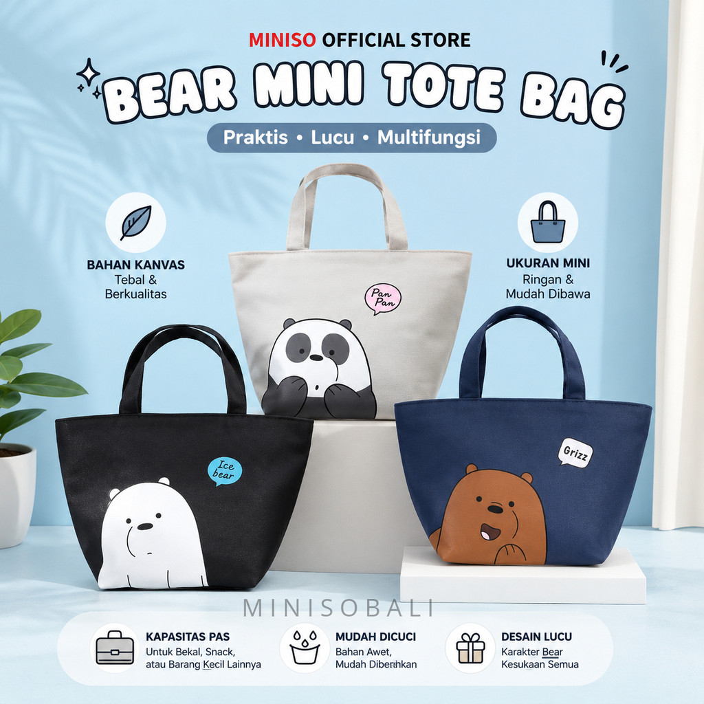 Official BALI MINISO Lunch Bag We Bare Bears Tas Bekal Makanan Karakter Lucu Grizz Ice Bear Panpan T