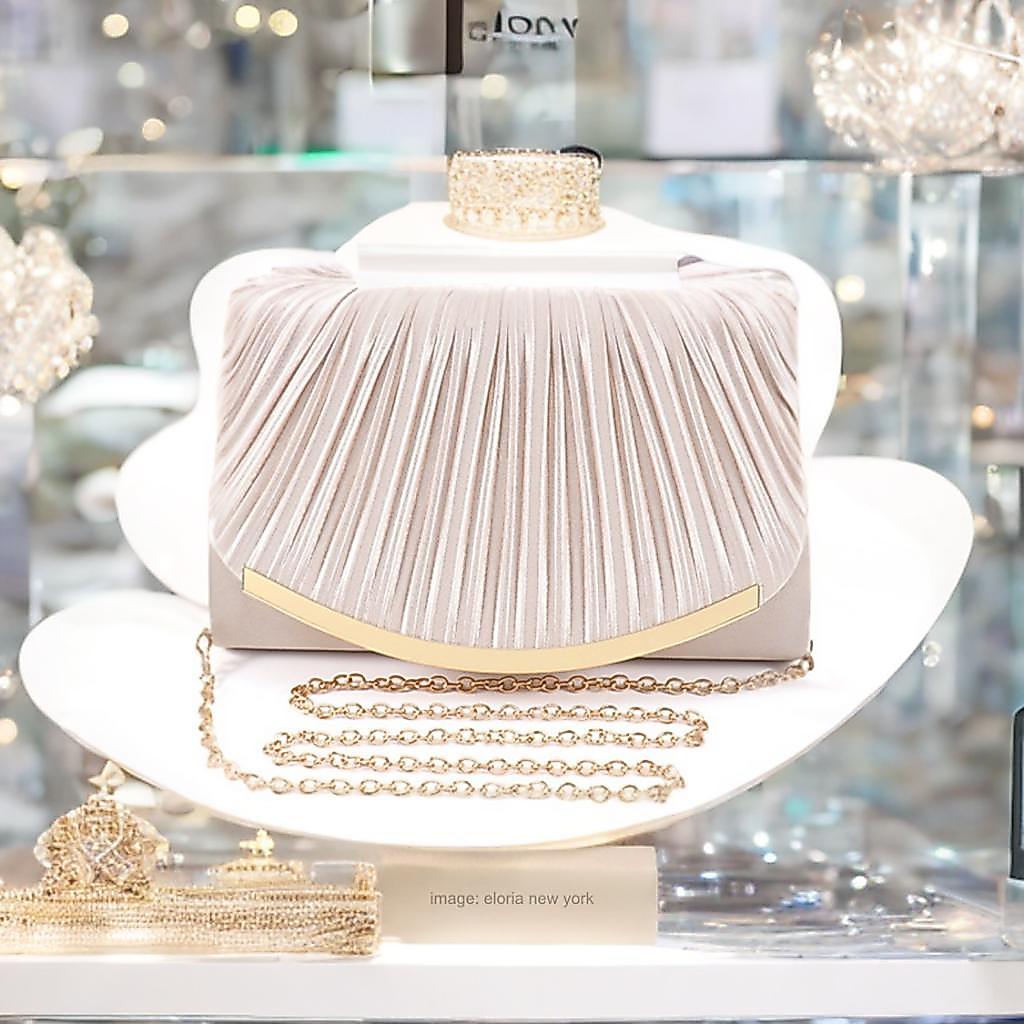 Tas Pesta Clutch Bag Tali Rantai Motif Lipit Kerang Tiram Mutiara Aksen Gold 2435