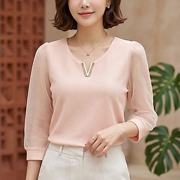 [NEW ARRIVAL] Sister - Blouse V-Neck Textured dengan Lengan Organza