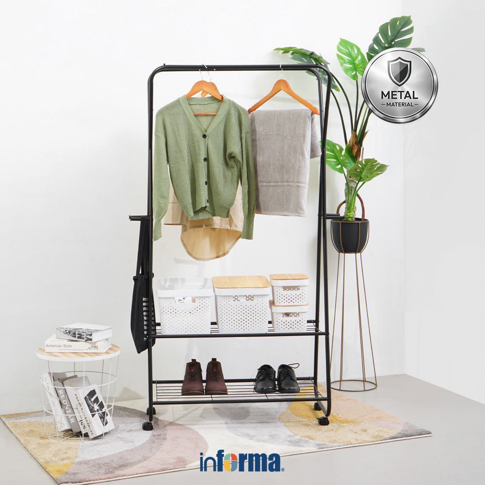 Informa Julio Rak Pakaian Dengan 2 Gantungan - Hitam Stand Hanger Gantungan Baju Berdiri Clothes Org
