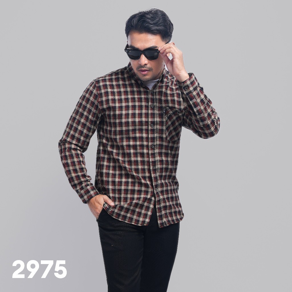 Baju Berkualitas  Kemeja Flanel Pria Lengan Panjang Hitam Orange Cream Kemeja Pria Flanel Pria Kemej