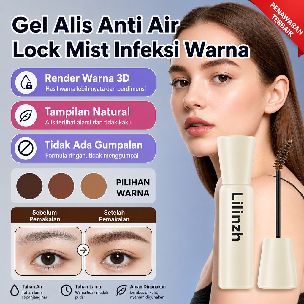 Gel Alis Lilinzh Anti Air Lock Warna | Render Warna 3D Alami | Tidak Menggumpal Tahan Seharian | Ama