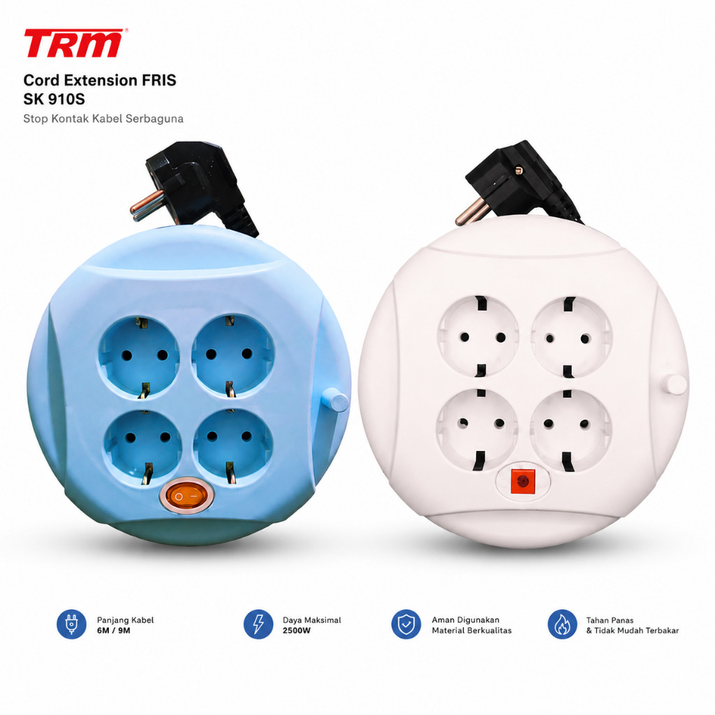 TRM SK-910S FRIS STOP KONTAK SAKLAR ON OFF / LAMPU KABEL ROLL BOX CABLE 4 LUBANG TEMBAGA 6M 9M SNI M