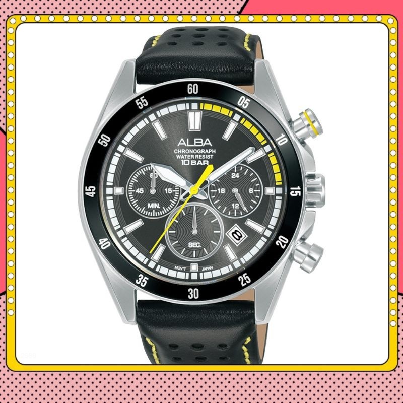 Jam Tangan Pria ALBA AT3J33X1 at3j33 Chronograph Black Yellow Dial Original