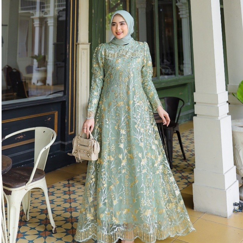 RAISHA - Gamis Brukat ADIBA Dress Kondangan Full Tile Brokat Bordir Keliling Untuk Gamis Kondangan, 