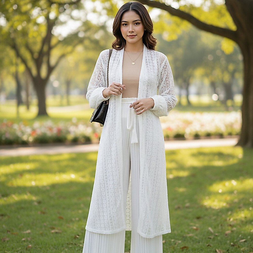 Kardigan panjang outer brukat renda wanita, busana santai pantai, model long cardigan, all size fit 