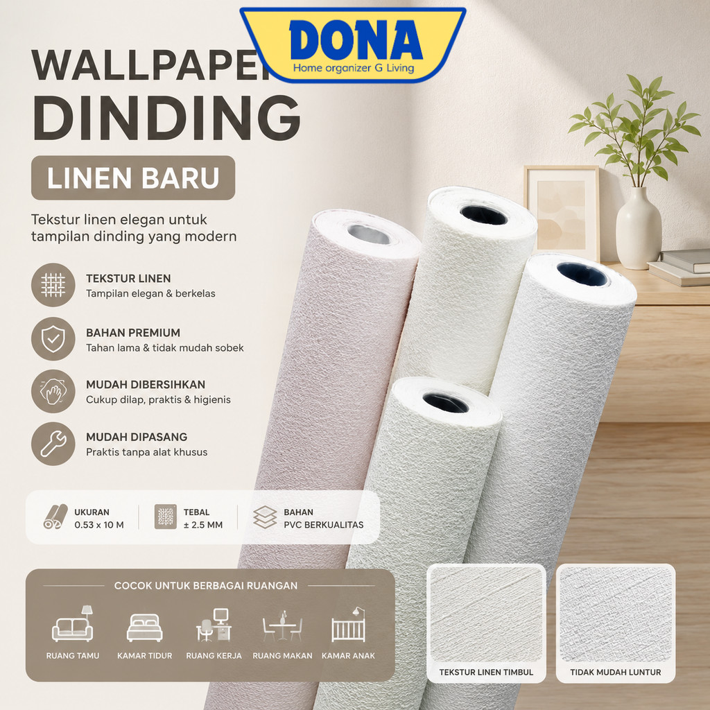 DONA - Wallpaper Dinding Linen Roll Wallpaper foam Dekorasi Kamar wallpaper coral A12
