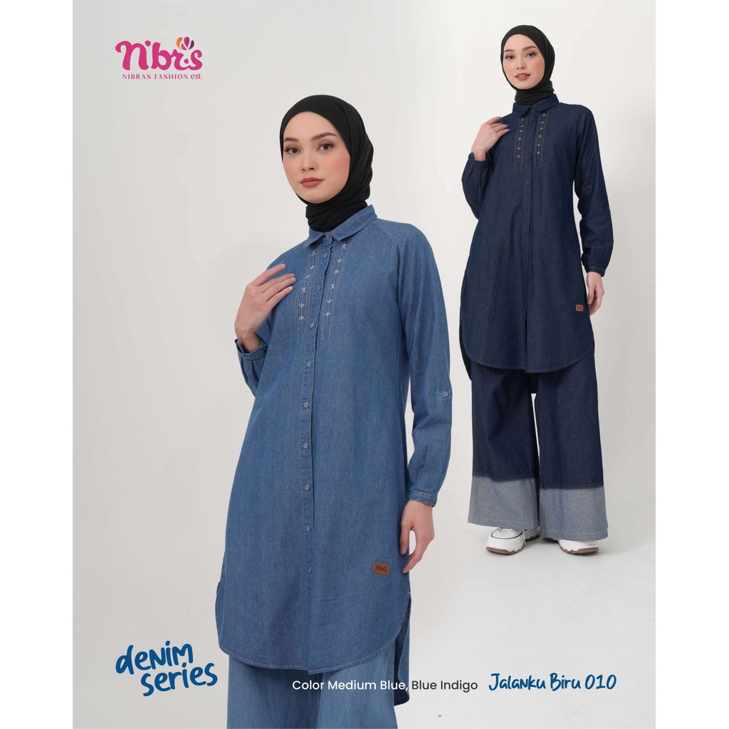 Nibras Jalanku Biru 010 Tunik Wanita Denim Medium Blue Indigo Lengan Lipat OOTD Casual Busui Adem