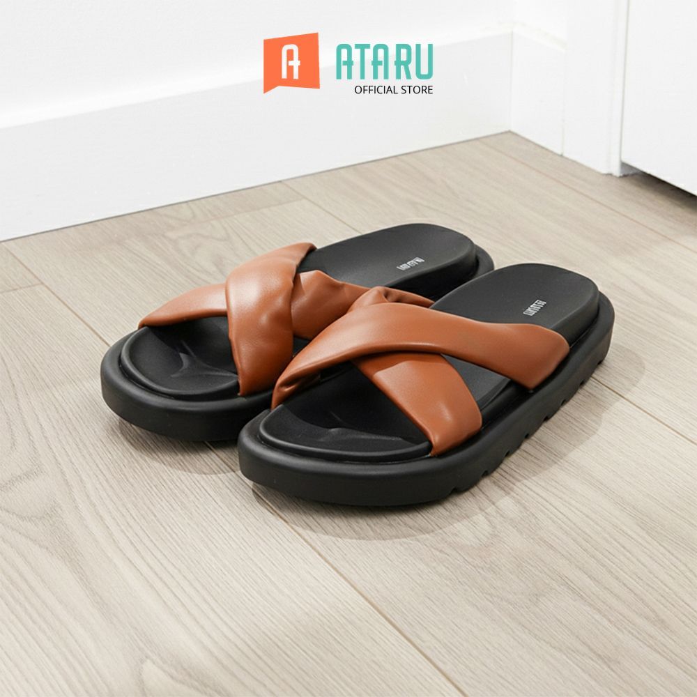 Ataru Ukuran 37 Sandal Wanita Slide Pu Cross Strap - Cokelat Women Slipper Sendal Kasual Outdoor Ind