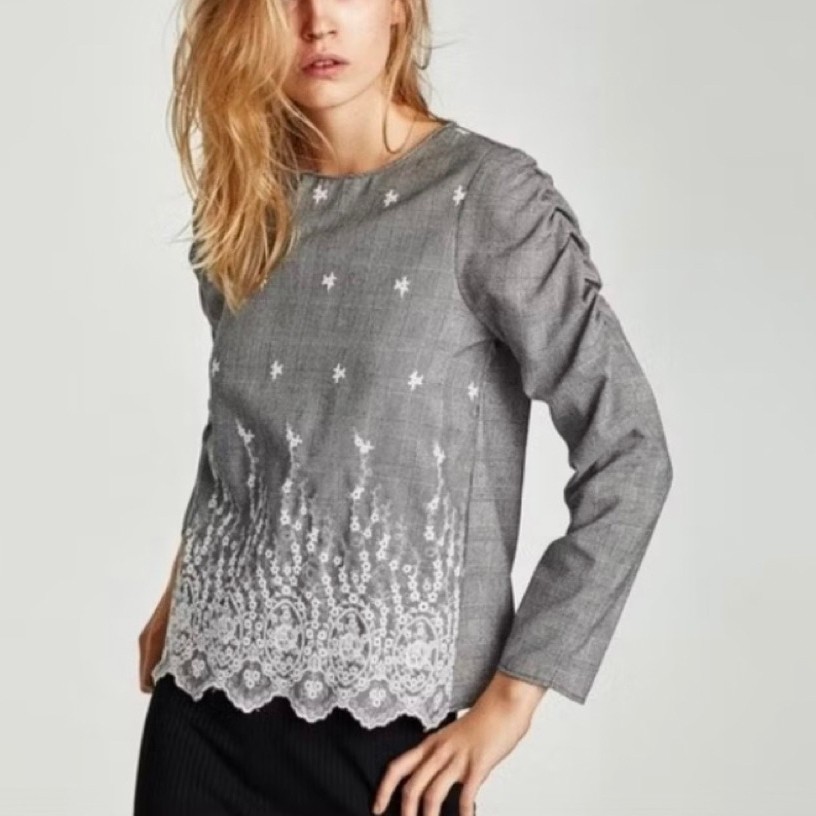 ZARA GREY EMBROIDERED BLOUSE