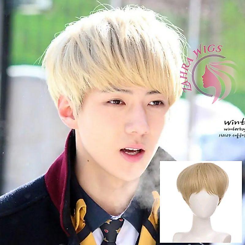 Wig Rambut Palsu Pendek Pria Dengan Poni Warna Kuning Gading