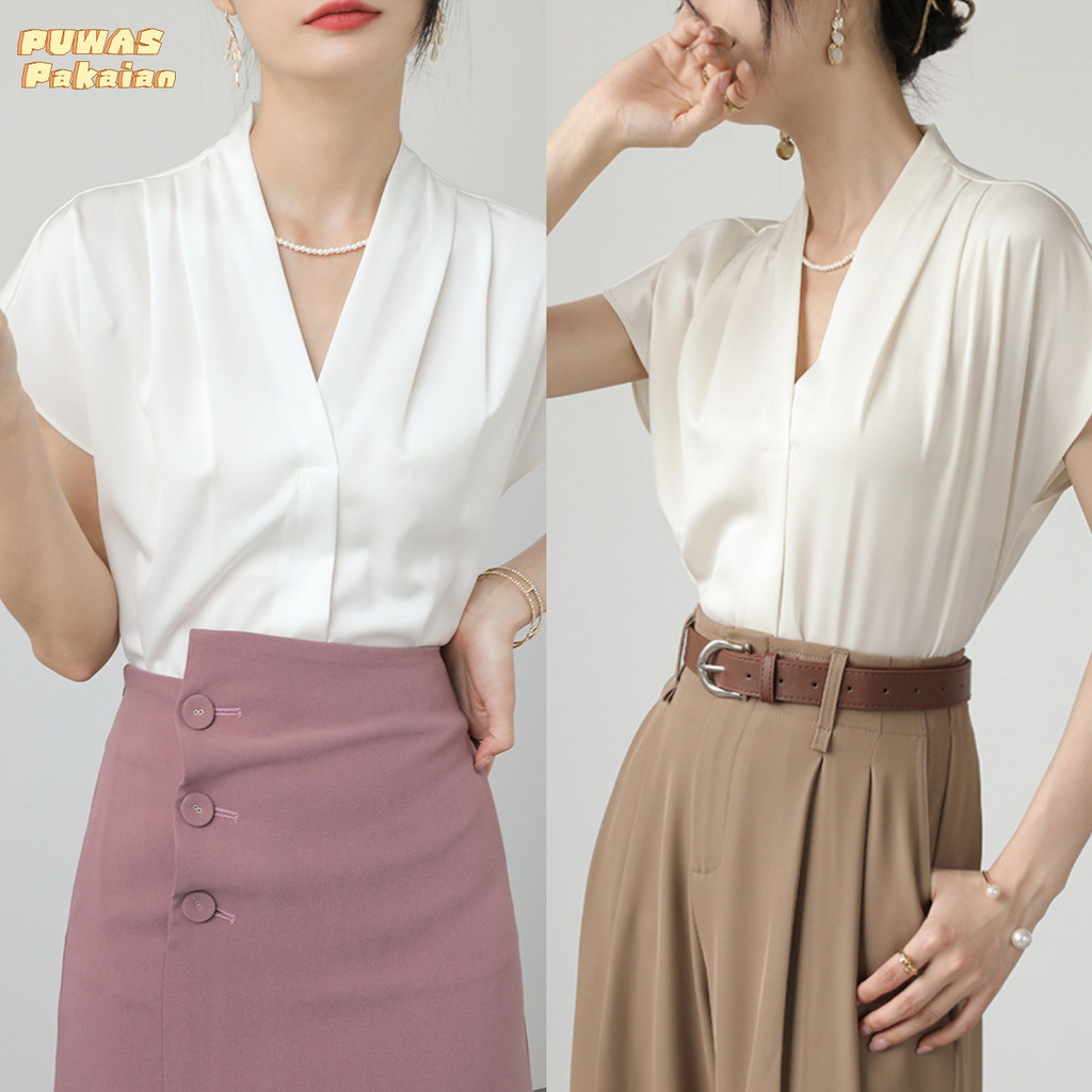 PUWAS S~2XL Blus Satin Sifon Lengan Pendek Gaya Prancis Untuk Wanita