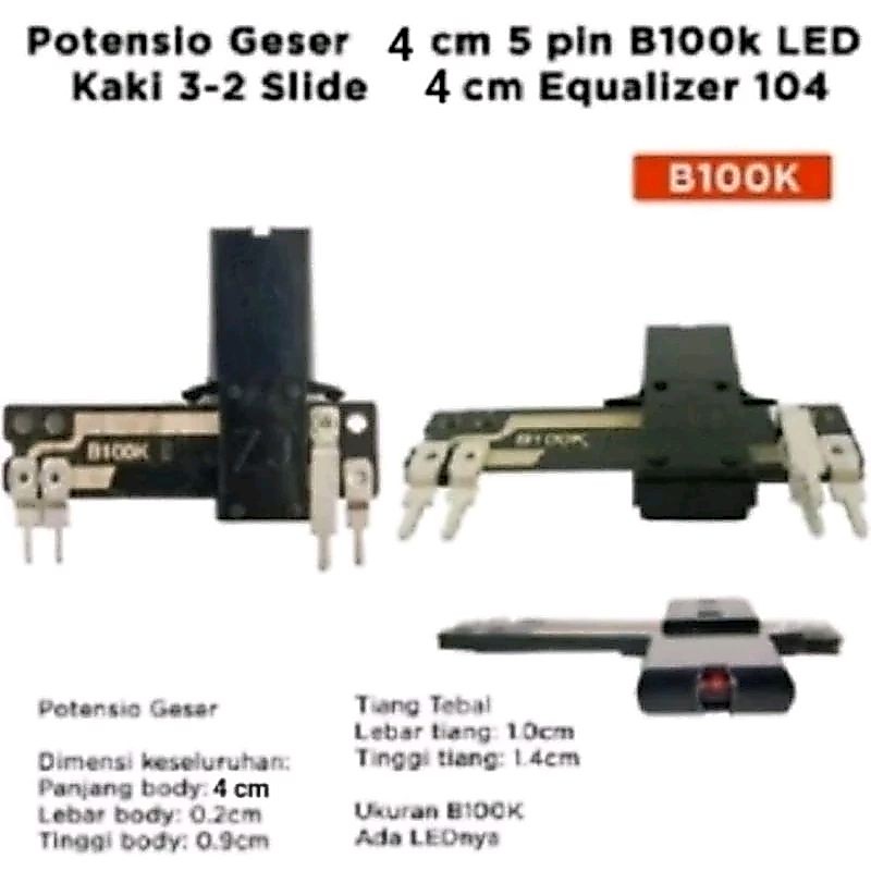 potensio geser 4 cm 5 pin kaki 3-2 led B100K