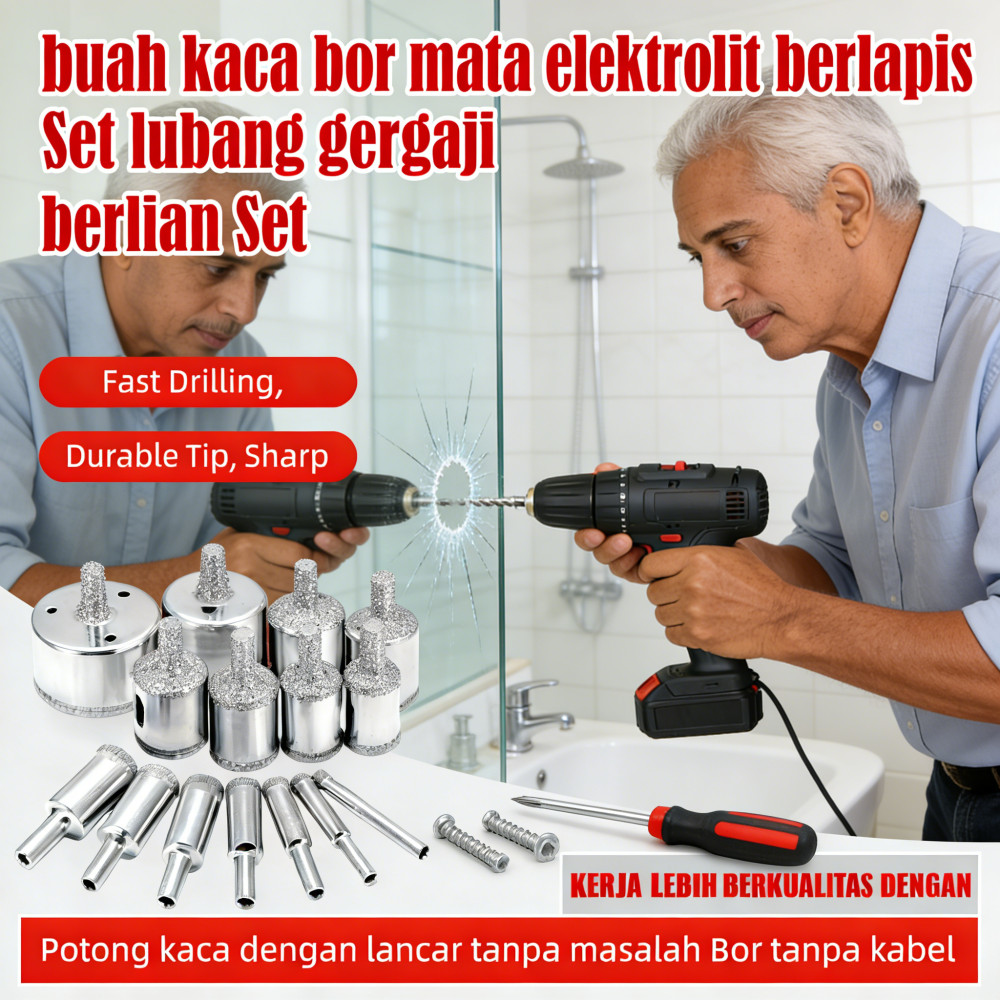 bor kaca gergaji 10 lubang mata Set bor Set elektrolit kaca