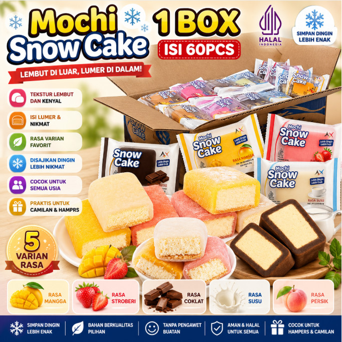 VIKY Mochi Snow Cake 1 Box Isi 60pcs Mochi Viral Rasa Coklat Susu Strawberry Mangga Pandan Halal