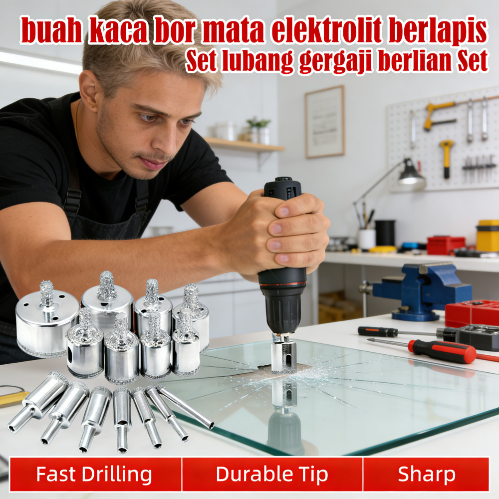 gergaji kaca elektrolit Set bor kaca lubang 10 mata Set buah Set kaca bor