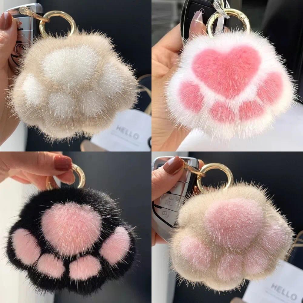 Kawaii Fluffy Cat Paw Keychain Animal Paw Faux Fur Keychain Soft Plush Toy Couple Keychain Stuffed B