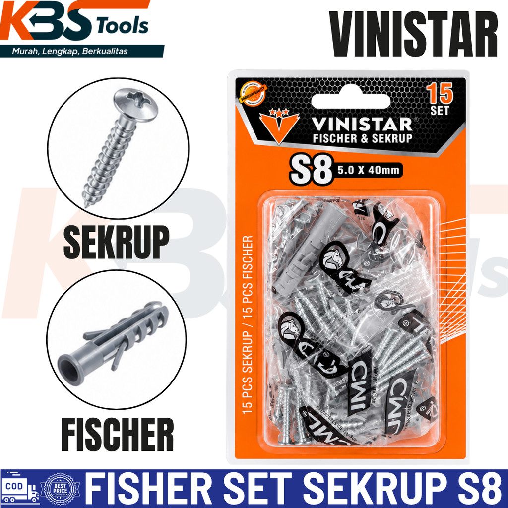 VINISTAR Fischer Sekrup S8 5.0 x 40mm Isi 15 Set Fisher Dinding untuk Beton, Bata Dan Batako