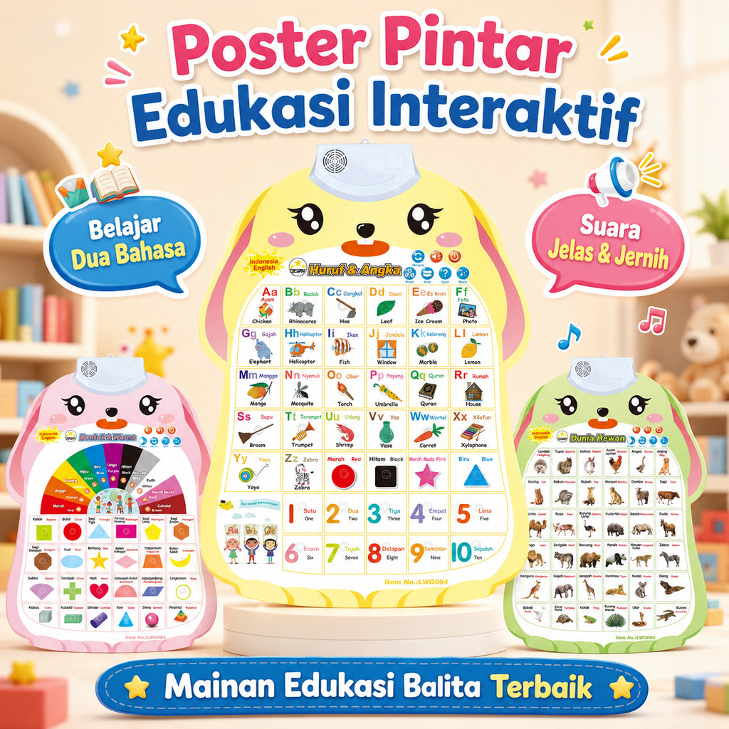 Mainan Edukasi Anak Poster Pintar Belajar Huruf Angka Hewan Bentuk Warna Suara Interaktif 3D