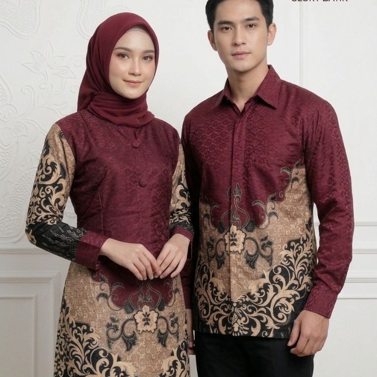 Couple Batik Maroon Pria Wanita Dobby Furing | Atasan Batik Pria Wanita | Kemeja Batik Pria bahan Do