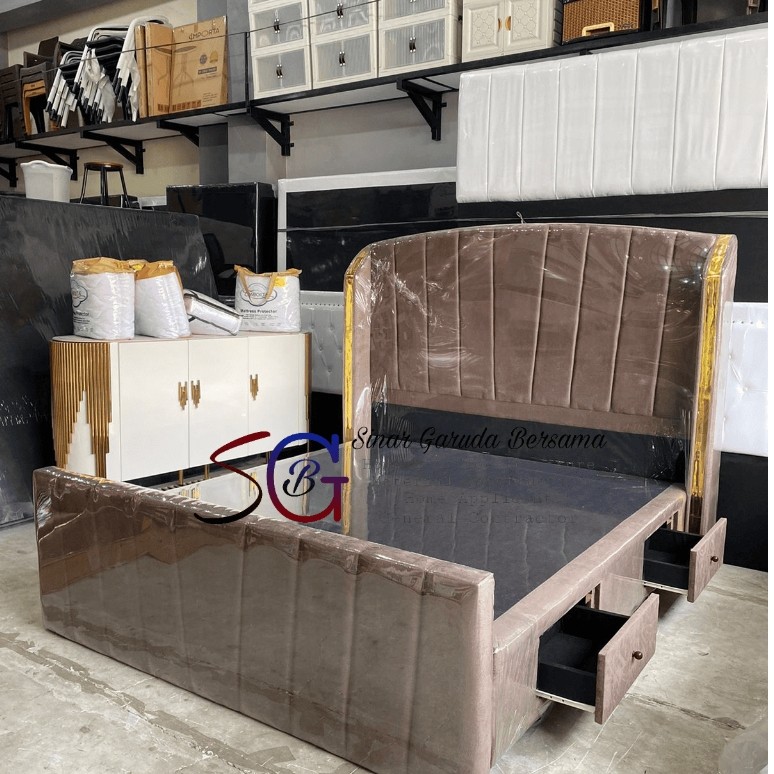 DIVAN SANDARAN 2 LACI MEWAH LIST GOLD BAHAN BLUDRU / BOX ATASAN KASUR + SANDARAN MEWAH