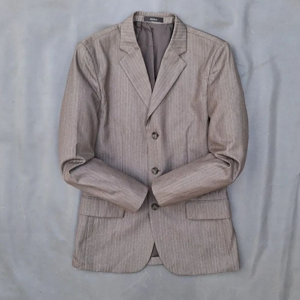 j39/ziozia/size L/jas slimfit pria bahan wool/jas coklat pria motif garis mewah/blazer casual