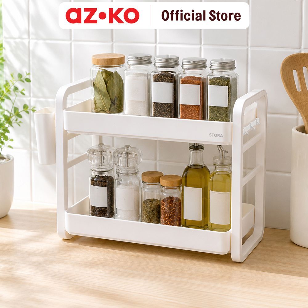 AZKO Stora Gwyn Rak Bumbu Dapur 2 Tingkat - Putih Organizer Penyimpanan Toples Bumbu Perlengkapan Da