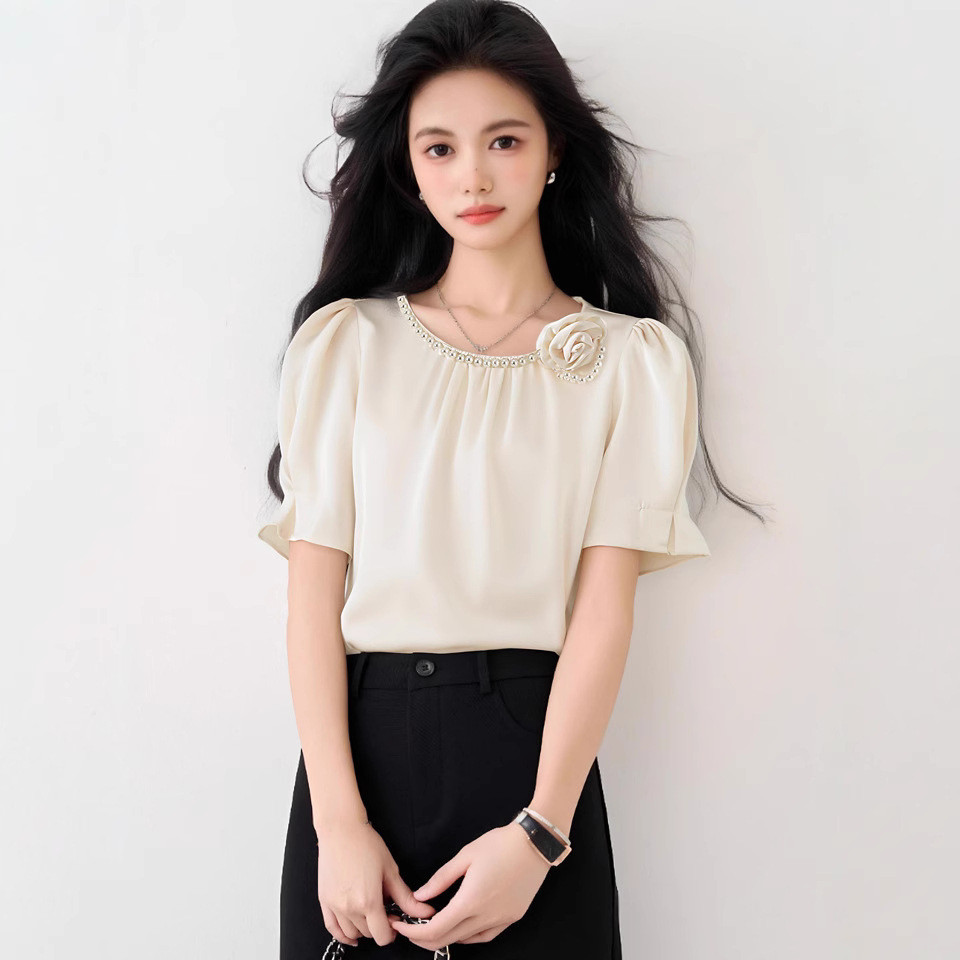 Kemeja lengan pendek satin bergaya Prancis berkualitas tinggi   Blus Chiffon yang Elegan dan Mewah